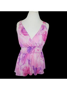 Y2K Coquette Babydoll Top Sz L Rose Floral Pink Purple Shimmer Fairycore